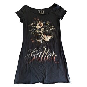Sullen Angels Womens Black Graphic T Shirt Dress Tattoo Art Skull Design Small